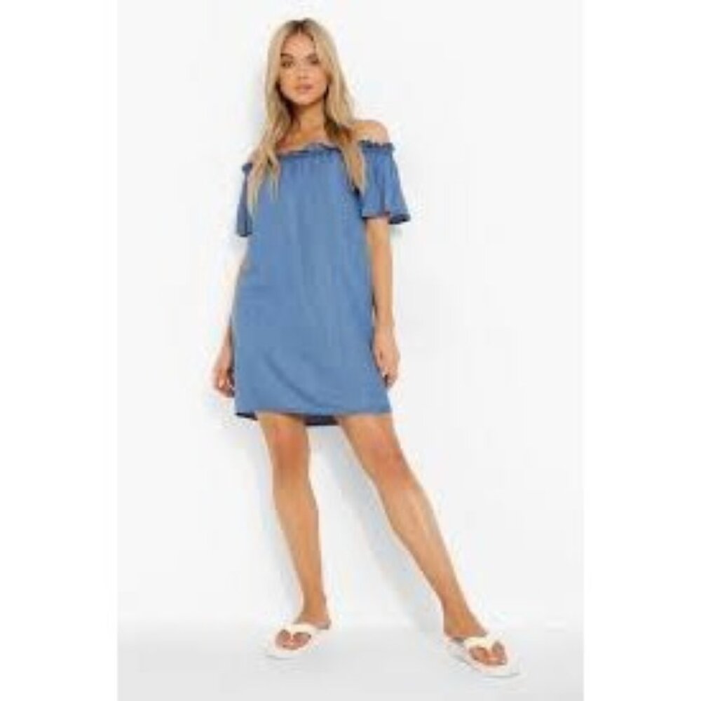 Westport‎ Off-Shoulder Denim Blue Dress With Ruffle Sleeves Womens Size 10
